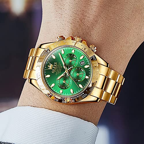 Image of OLEVS Men's Gold Watch Popular, Automatic Winding, Gold Strap, Water Resistant to 3 ATM, Luminous, Calendar, Date, Skeleton, gold-green, Bracelet Type