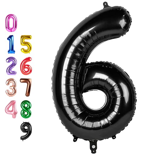 Image of Number Balloons 6 Balloon Black for 6th Birthday Party Decorations, 40 inch | Saturated Color, Large 40 inch, With Inflation Straw & Hanging Holes, Great for Men's Birthday, Gothic Theme Party, Halloween