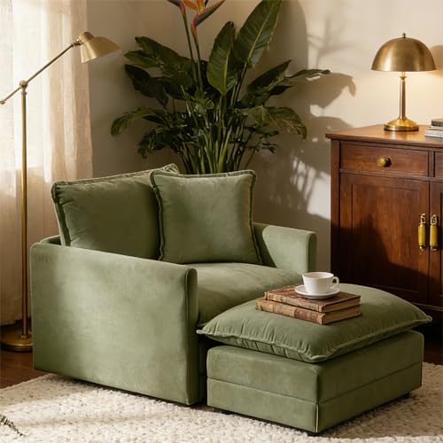 Mixcous Chenille Oversized Chair with Ottoman - 39'W Big Comfy Reading Chair and Ottoman Set, Lounge Chair for Living Room, Reading Nook, Kids Room, Bedroom, Family, Sage Green