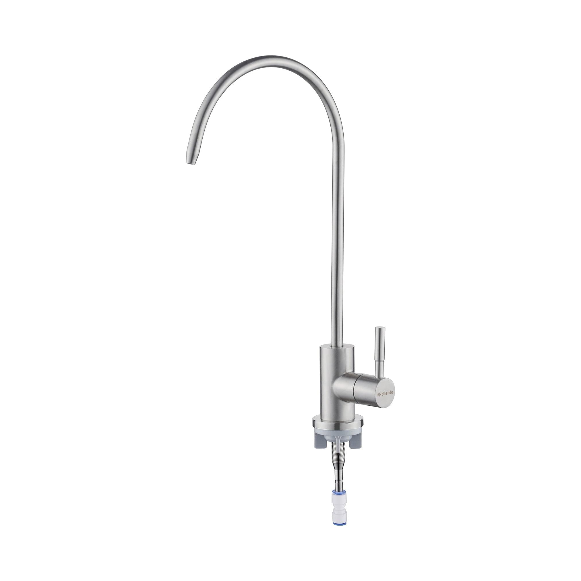 Deante Rubinetto per acqua potabile a collo di cigno a flusso singolo, cromato, con beccuccio girevole, montaggio su piano, rubinetto da cucina moderno (acciaio spazzolato)