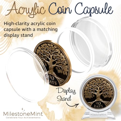Image of MilestoneMint 90 Days Sobriety Coin Tree of Life Gift Set | Anniversary Sobriety Gifts for Men & Women | AA Coins and Medallions with Token Capsule, Stand & Card | 3D Texture, Recovery AA Chips