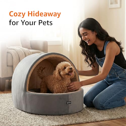 Image of Amazon Basics Pet Bed Cave | Soft & Warm Indoor Tent Bed for Cats, Kittens & Small /Medium Dogs (Pug, Beagle, Shih Tzu) | Foldable with Removable Cushion | Grey & Beige | 59 x 56 x 48 cm