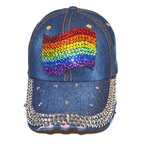 Popfizzy Rainbow Pride Flag Hat For Women And Girls, Bling Rhinestone Gay Pride Hat, Bedazzled Baseball Caps, Lgbtq Accessories, Distressed Denim Hat #TOP16