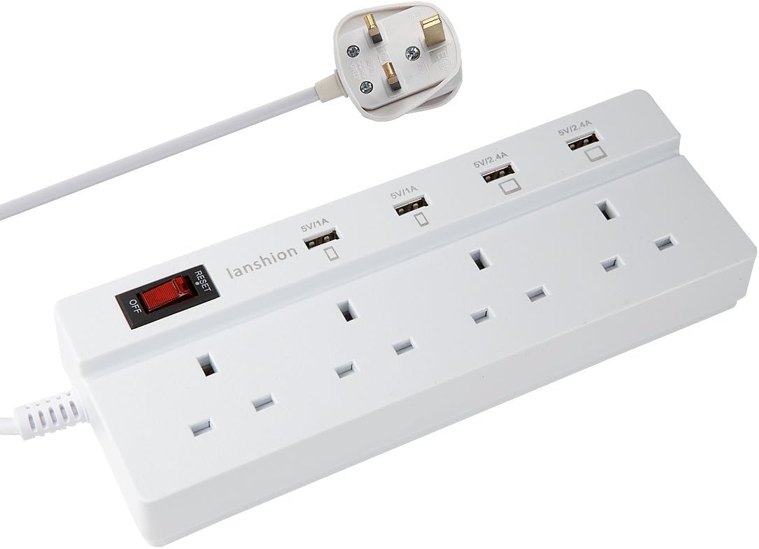 Extension Lead 4 Way Outlet with 4 USB Ports Charger Power Socket UK Plug Adaptor Surge Protector USB Socket for Smartphones, Tablets, Desk Lamps, Computers, and More Devices (White)