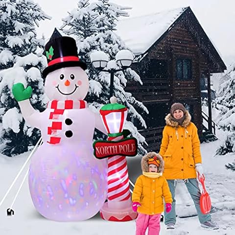 Glucrean 8 Feet Inflatable Christmas Snowman and Lighthouse Outdoor, with Rotating Led Light Up, Blow up Decor for Home Garden Lawn Yard Party Cover