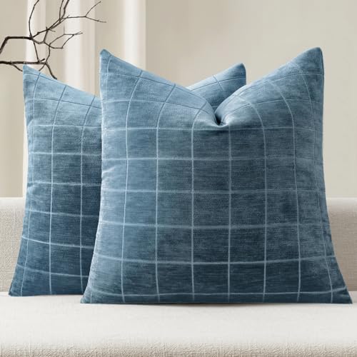 Image of MIULEE Blue Plaid Decorative Throw Pillow Covers 20x20 Set of 2 | Vintage Check Chenille Couch Pillows Neutral Boho Farmhouse Cushion Covers Modern Home Decor for Sofa Bed Living Room