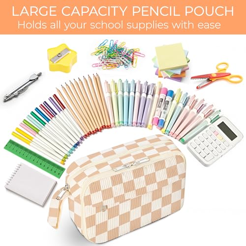 Image of WOBAGMEN Cute Pencil Case,Large Corduroy Zippered Pencil Case Pouch, aesthetic Pencil Bag with Compartments, Pencil Pouch School Supplies (HY-corduroy pc-checked)