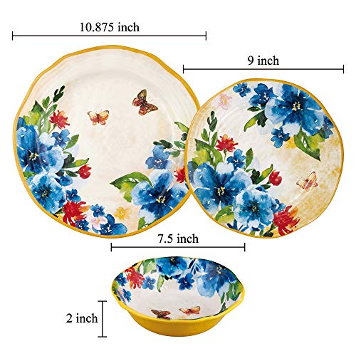 Gourmet Art 12-Piece Butterfly Heavyweight and Durable Melamine Dinnerware Set, Service for 4. Includes Dinner Plates, Salad Plates and Bowls. for Indoors Outdoors Use and Everyday Use.