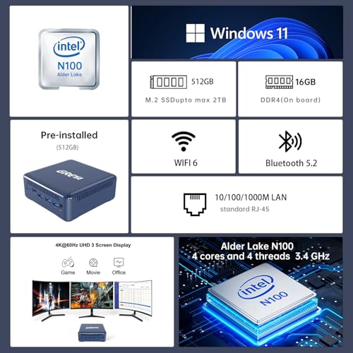 Image of GREVA Mini PC Intel 12th Alder Lake N100 (up to 3.4GHz) 16GB RAM 512GB M.2 SSD Mini PC Computer 4K UHD,2024 Mini Desktop PC Windows 11, 3 HDMI, Gigabit Ethernet, 5G WiFi 6 BT5 for Business Office Home