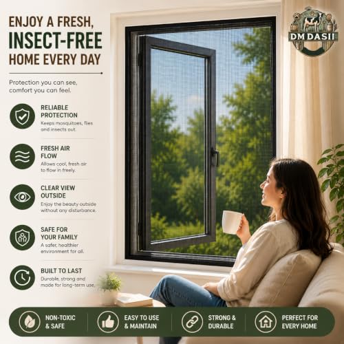 Image of DM DASII Window Mosquito Net with Self Adhesive Velcro Tape | Fiberglass Mesh Window Insect Screen | Washable Reusable Fly Bug Protection Mesh for Home | Black, 3 * 3 ft |