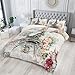 Nttopship Romantic Eiffel Tower Comforter Set Full Size for Adults 3Pcs,Retro Style Eiffel and Flowers Bedding Set Soft Comfoter for All Season