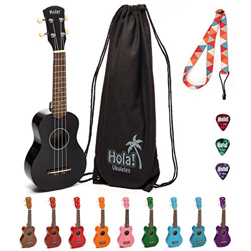 Hola! Music HM-21BK Soprano Ukulele Bundle with Canvas Tote Bag, Strap and Picks
