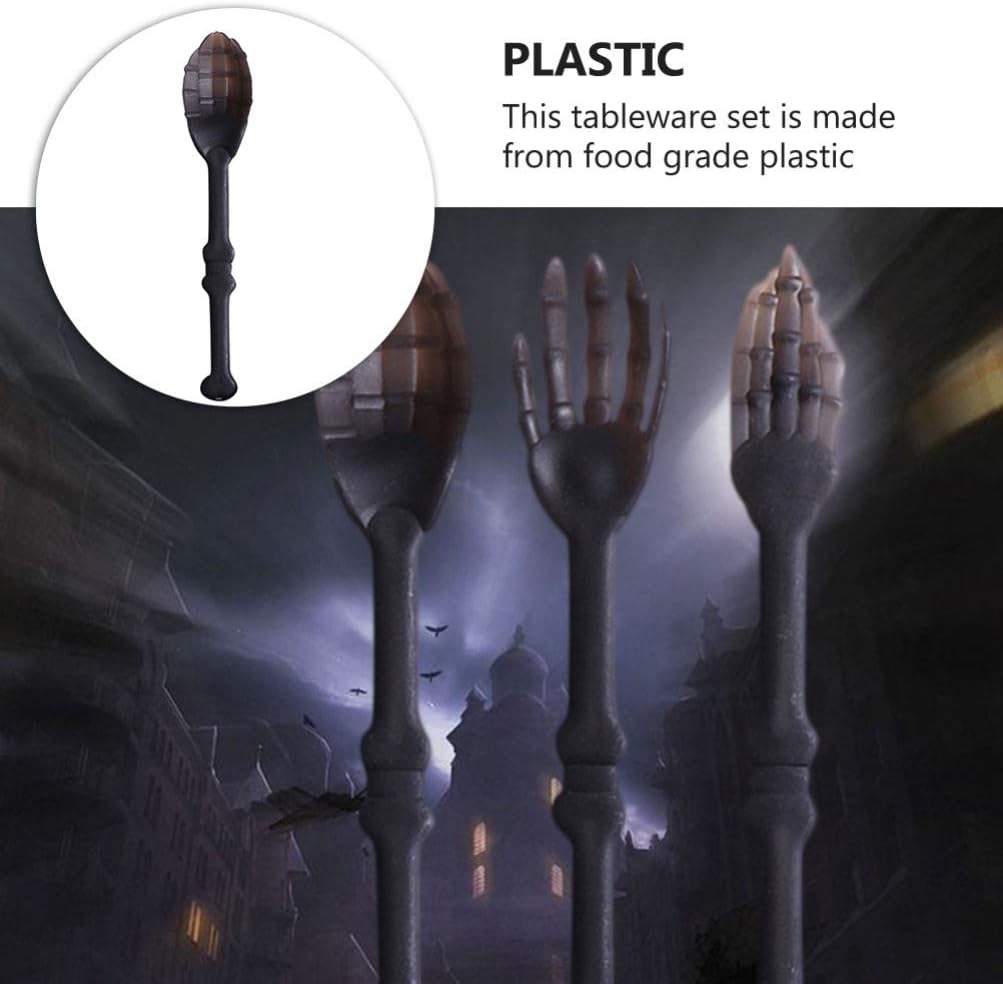 6pcs Halloween Fork Spoons Set Skull Skeleton Flatware Dinner Spoon Tableware for Halloween Home Bar Party Orange Black