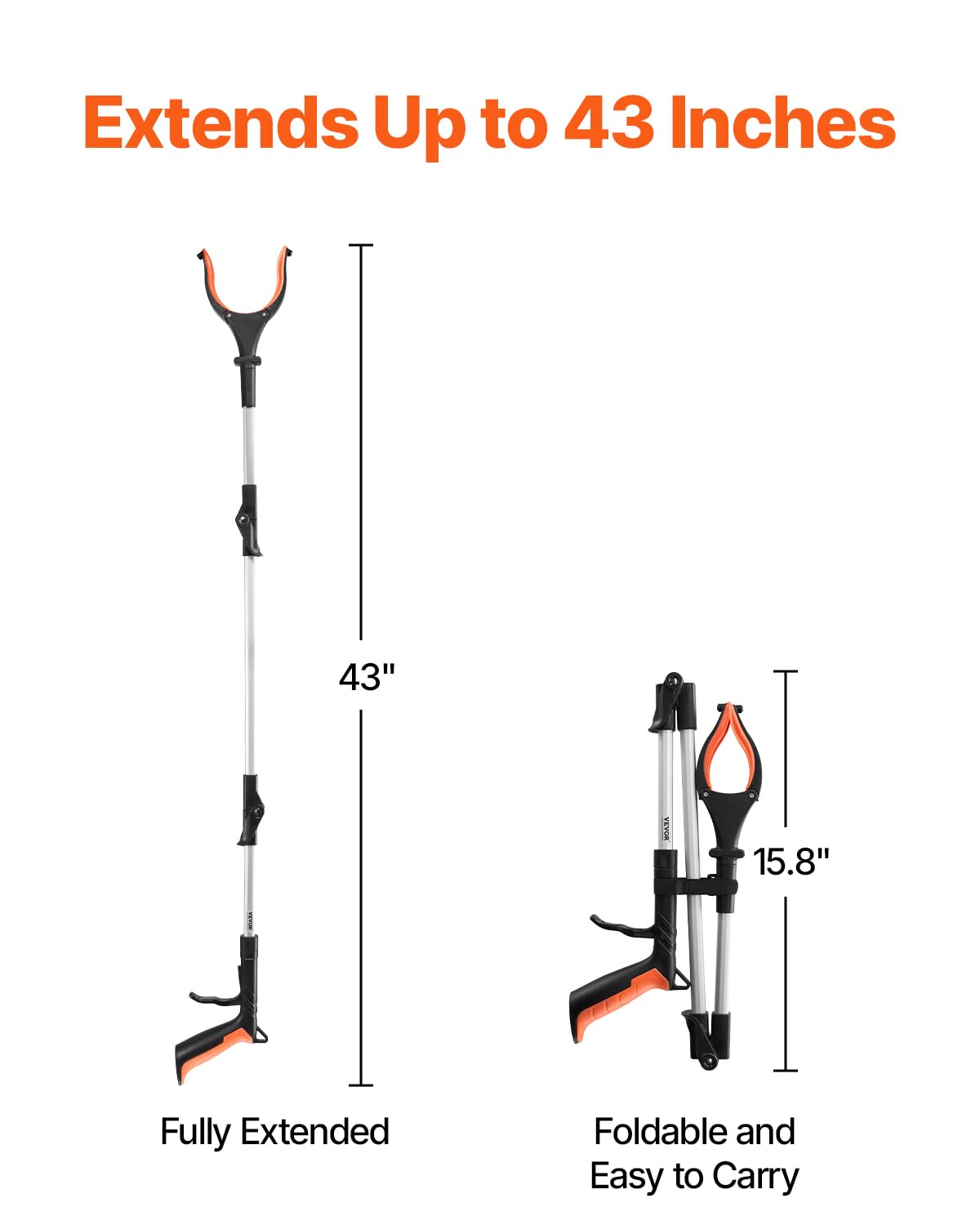 VEVOR Greifwerkzeug, 109,2 cm, faltbar, Greifzange mit 360° drehbarer Backe, Magnet und LED-Licht, leichter Greifzange für Senioren, extra langer Müllpicker, oberer Greifer