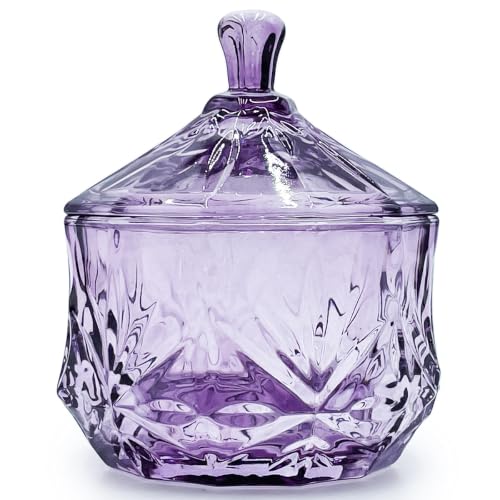 EWEIGEER 8oz Glass Candy Dish with Non-Airtight Lid,Small Crystal Chrismas Candy Jar,Cotton Round Holder,Office,Bathroom,Dining Room Organizer(Rose Purple)