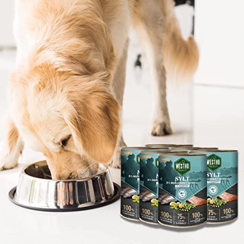 WESTHO Nassfutter Sylt Adult Senior (6 x 800 g) | 75% Wildlachs & Forelle | Getreidefrei | Zum Konditionsaufbau | Zur Haut und Fellpflege | Premium Hundenassfutter
