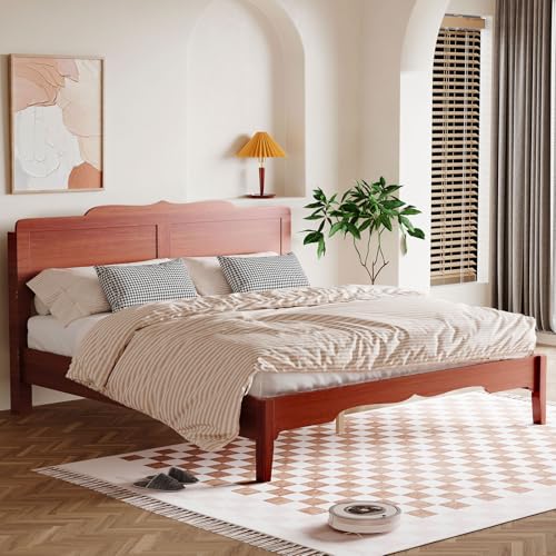 Queen Bed Frame with 47'' Headboard, Wooden Japanese Platform Bed with Wood Slats, Modern Bed Frame with Storage&Charging Station, Easy Assembly, Nois