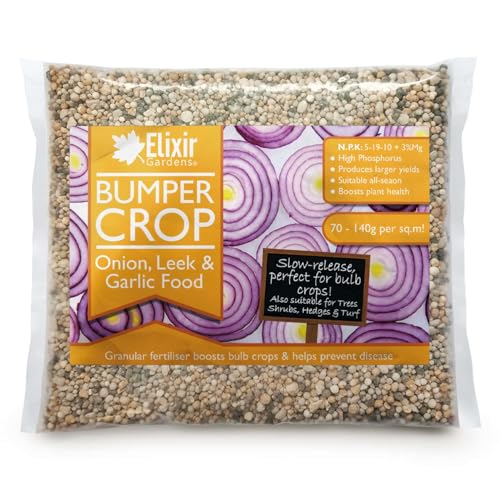 Elixir Gardens Bumper Crop Onion, Leek & Garlic Food | 500g-25kg Weights Available in Bags & Tubs | Bulb Root Fertiliser & Plant Feed | 500g Bag | Treats over 7sqm