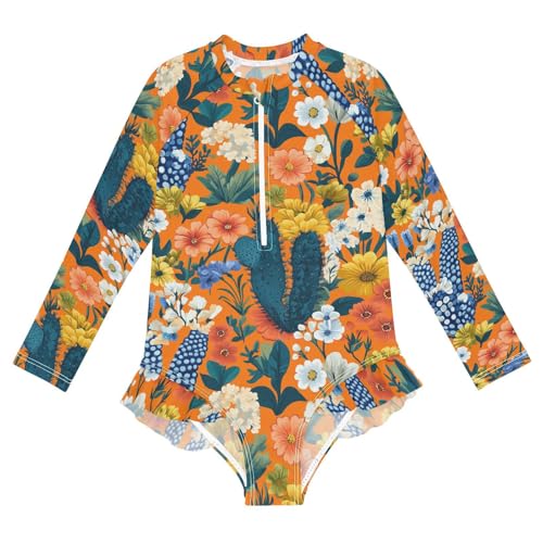 Spring Flowers Cactus Bleeding Heart Hyacinth Orange Girl Long Sleeve Swimsuit Sun Protection Swimming Suits Bathing Suit Toddler 4T