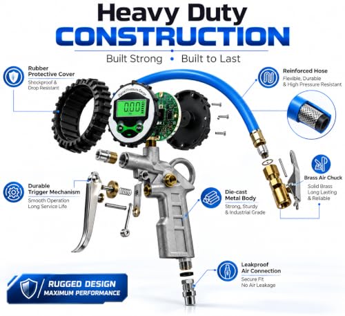 Image of Digital Tire Pressure Gauge Inflator Gun with LCD Display, Heavy Duty Air Compressor Tool with Brass Nozzle & Flexible Hose, Accurate PSI Meter for Car, Bike, Motorcycle & Bicycle Tires