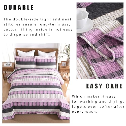 Image of Homzard 100% Cotton King Quilt Bedding Set, Pink Black Striped Plaid King Size Quilt,Lightweight Breathable Vintage Bedspread Set,Reversible Comforter Coverlet Four Season 3 Pieces Bed Set | Oeko-Tex Certified
