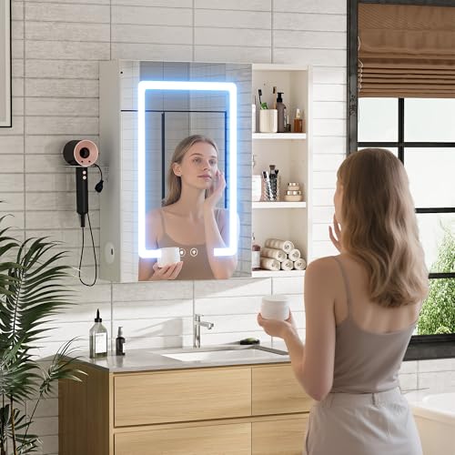 Ztexkee Armario Baño con Espejo LED iluminación y Función Armario Baño Espejo de Pared con 3 Estanteria Ajustables y Soporte para Secador de Pelo 60x60x15 cm Blanco - imagen 3