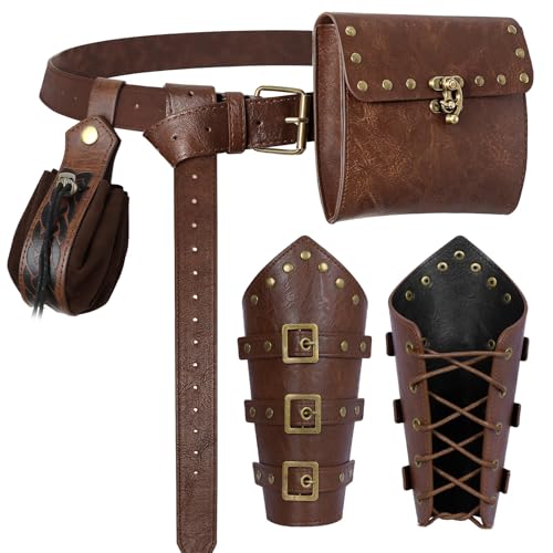 Image of Renaissance Belt Pouch Medieval Viking Leather Bracers Set for LARP