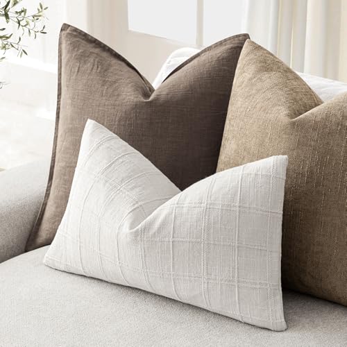Image of Foindtower Set of 2 Decorative Linen Check Throw Pillow Covers Neutral Farmhouse Lumbar Cushion Covers Modern Boho Home Decor for Sofa Chair Couch Bedroom Living Room,12x20 Inch,Cream White
