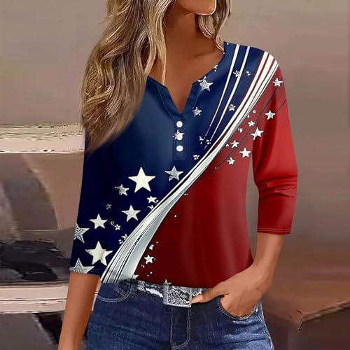 Image of 4th of July Shirts Women 3 /4 Length Sleeve Womens Tops Henley Neck Casual Patriotic T Shirts
