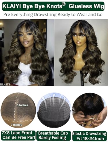 Image of KLAIYI Ombre Brown Loose Body Wave Bye Bye Knots Glueless Precut 7x5 HD Lace Front Human Hair Bang Wig Drawstring Highlight Balayage Brown Pre Plucked Bleached 30S Ready to Wear and Go Wig 180% 24Inch