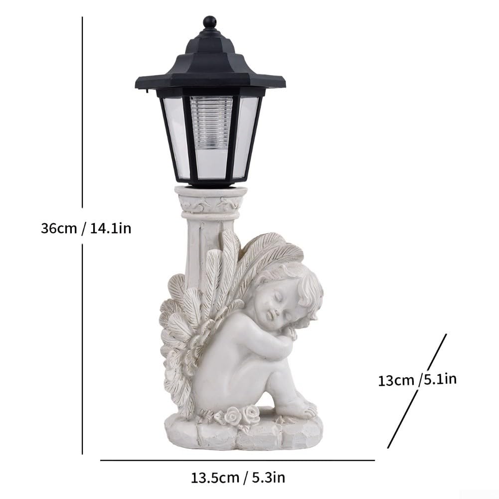 Estatua de ángel solar, luz conmemorativa de jardín de resina alimentada por energía solar, diseño de columna romana antigua para decoración de patio al aire libre (ángel de rodilla derecha)