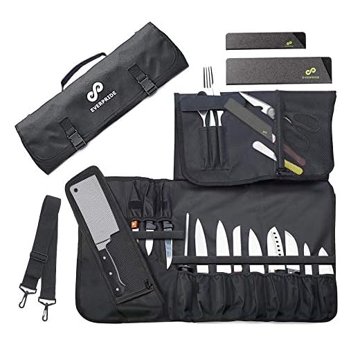 Chef Knife Roll Bag (17 Slots) Holds 12 Knives, Meat Cleaver and Kitchen Tools – Portable Knife Carrying Case Includes 2 Knife Sheaths – Bag Only