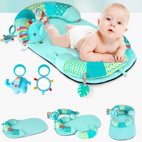 Image of Eofnengsohio Tummy Time Mat and Seated Support Pillows, Detachable Elephant Support Pillow for Development of Strong Head and Neck (Sky Blue, 70cm*40cm)