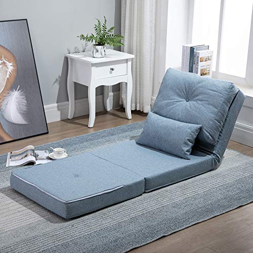 HOMCOM Convertible Flip Chair, Floor Lazy Sofa, Folding Upholstered Couch Bed with Adjustable Backrest, Metal Frame and Pillows for Living Room Bedroom, Blue