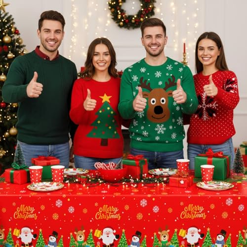 Tenceur 3 Pcs Merry Christmas Tablecloth 54x108 Inch Plastic Santa Snowman Reindeer Tablecovers Disposable Red Tablecloth for Christmas Winter Holiday New Year Birthday Party Supplies Decor – Image 7