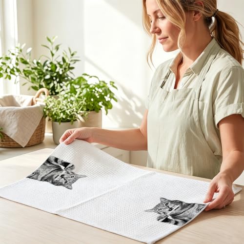 Image of Hanamiya Na 2 Pcs Cute Cat Gifts Hand Towels 24x14 Inch, Funny Cats Gift Reusable Dish Towels for Kitchen Decor, Waffle Weave Absorbent Hand Cloth Tea Towel, Cat Lover Gifts for Women Mom Friend