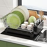 MAJALiS Dish Drying Rack with Drainboard Set, Large Dish Drainers for Kitchen Counter, Rust-Proof Drying Rack with Utensil Holder and Dryer Mat, Kitchen Dish Strainer Rack (Grey - One Tier)