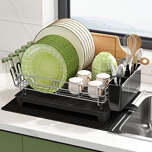 MAJALiS Dish Drying Rack with Drainboard Set, Large Dish Drainers for Kitchen Counter, Rust-Proof Drying Rack with Utensil Holder and Dryer Mat, Kitchen Dish Strainer Rack (Grey - One Tier)