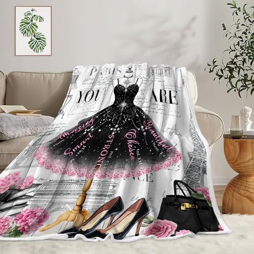 Image of Paris Black Tutu Floral Flannel Throw Blanket, Vintage Eiffel Tower High Heel Handbag Cozy Decor Blanket for Couch Bedroom Camping, Gift Blanket for Women Girls Home Fans,50X60 Inch