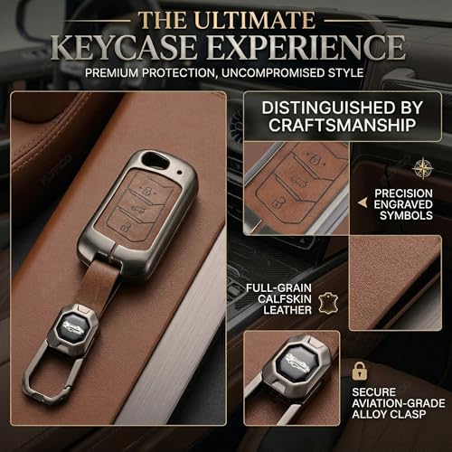 Image of Premium Metal Leather Key Cover Compatible with Mahindra Scorpio, Marazzo, Xuv 300, Xuv 700 Xuv 400 Ev, Bolero, Thar, Tuv 3 Button Flip Key Full Leather and Metal Protection with Keychain