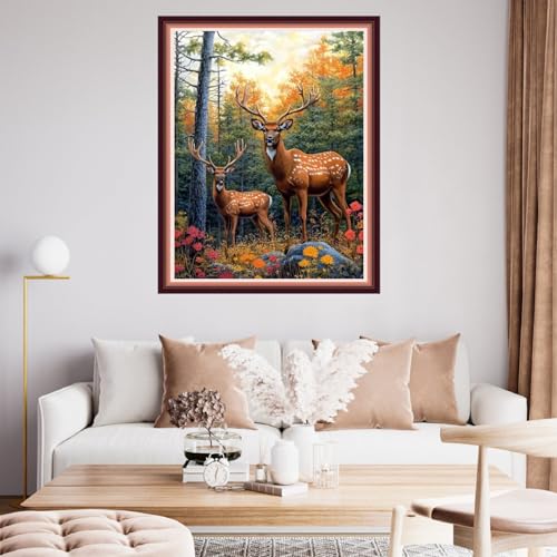 Image of Fanxvivy Stamped Cross Stitch Kits for Beginners Full Range of Cross Stitching Preprinted Embroidery Kits for Adults, 11CT Embroidery Pattern Needlepoint Kits-Deer Flower 16x20 inch