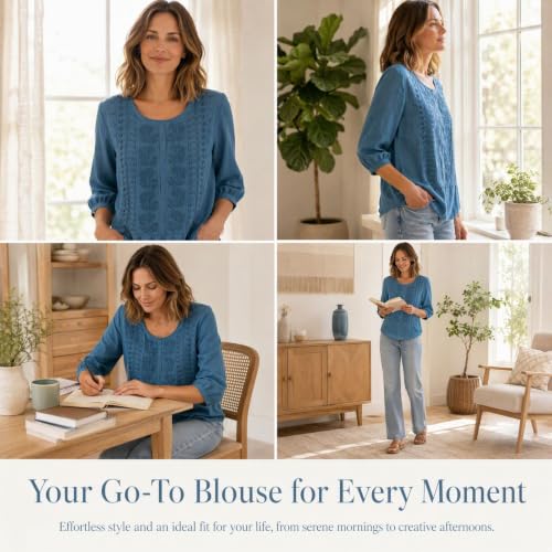 Embroidered Tops For Women Linen Shirts Peasant Boho Blouses Navy Medium - image 4