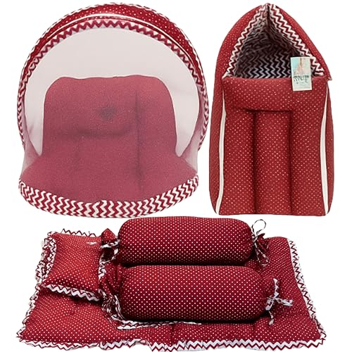 Image of Fareto Combo of Baby Bed with Net | Carry Bag | 4 Pcs Bedding Set (0-6 Months, Baby Size, Cotton) (Red Polka)