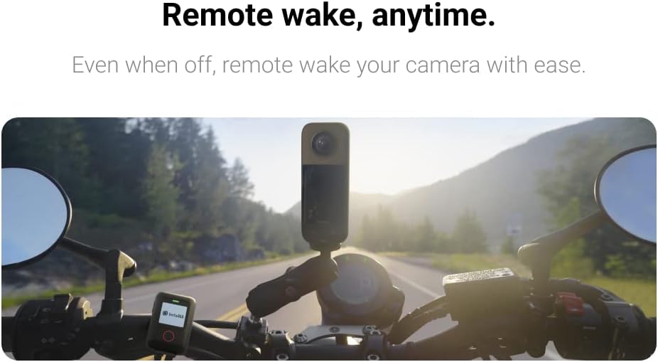 Image showing the remote mounted on a motorcycle handlebar, with a camera mounted further away, demonstrating remote wake functionality.