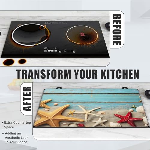 Image of Starfish Seashells Stove Top Covers for Electric Stove,Blue Wood Board Glass Top Stove Cover, Heat Resistant Range Covers for Electric Stove,Washable Countertop Mat, 28 x 20 Inch