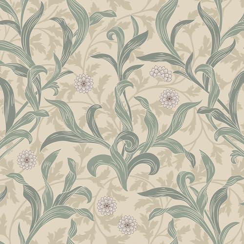 VEELIKE Vintage William Morris Wallpaper Peel and Stick Beige Sage Leaf & Floral Wallpaper for Bedroom Living Room 17.7''x118'' Removable Self Adhesive Contact Paper Botanical Wall Paper for Bathroom