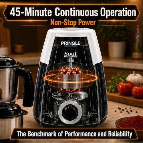 Image of Pringle Soul 650W 3 Jars Mixer Grinder | 5 Year Warranty | 45 Min Non Stop Running | 2 SS Jars (Wet & Dry Grind, Chutney Jar) 1 Juicing Jar | Copper Motor | SS Blades | Black Silver