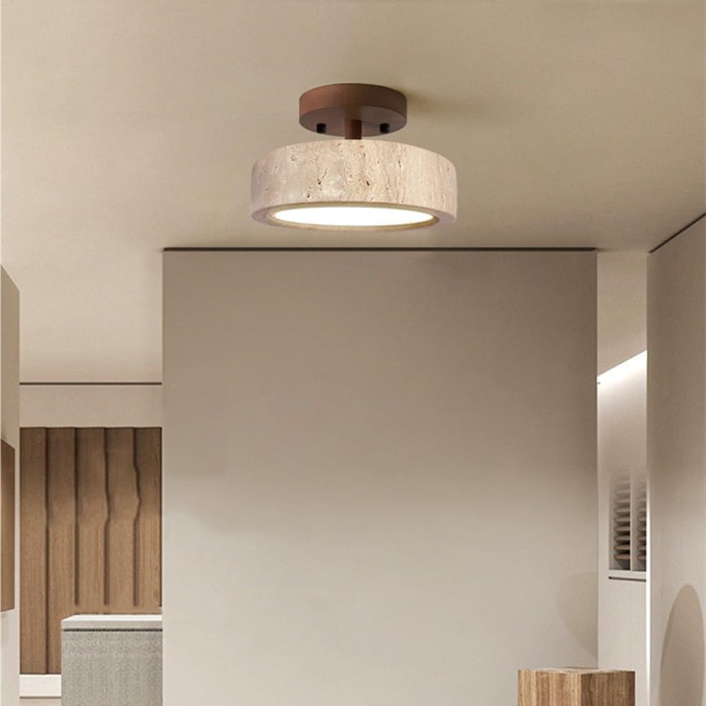 Deckenleuchte Aus Gelbem Travertin,Moderne Wabi-Sabi-Deckenlampe Mit 20 Cm Durchmesser Deckenleuchte Mit Lampenschirm Aus Naturstein Und Holzsockel Für Schlafzimmer Und Flur(Walnut)