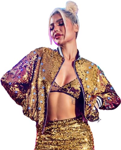 JAKAWIN Women’s Light Up Sequin Bomber Jacket Coat Long Sleeve Disco Concert Rave Festival Jackets