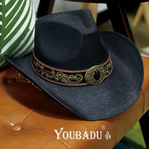 Image of YOUBADU Western Straw Cowboy and Cowgirl Hats with Decorative Bands - Unisex Wide Brim Raffia Style Sun Hat